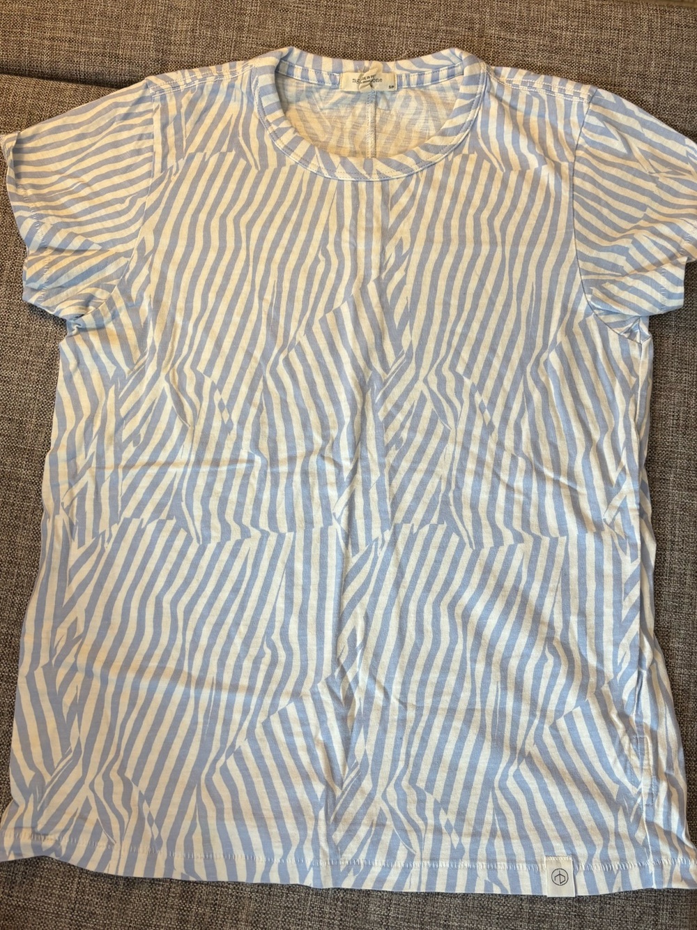 rag & bone Light Blue and White Striped Short Sleeve Tee